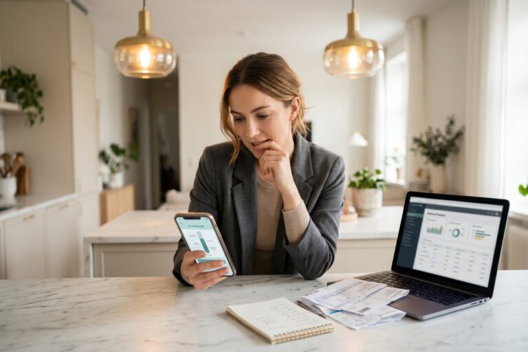 Person reviewing digital loan amount salary based eligibility on laptop with $45000 annual income documents