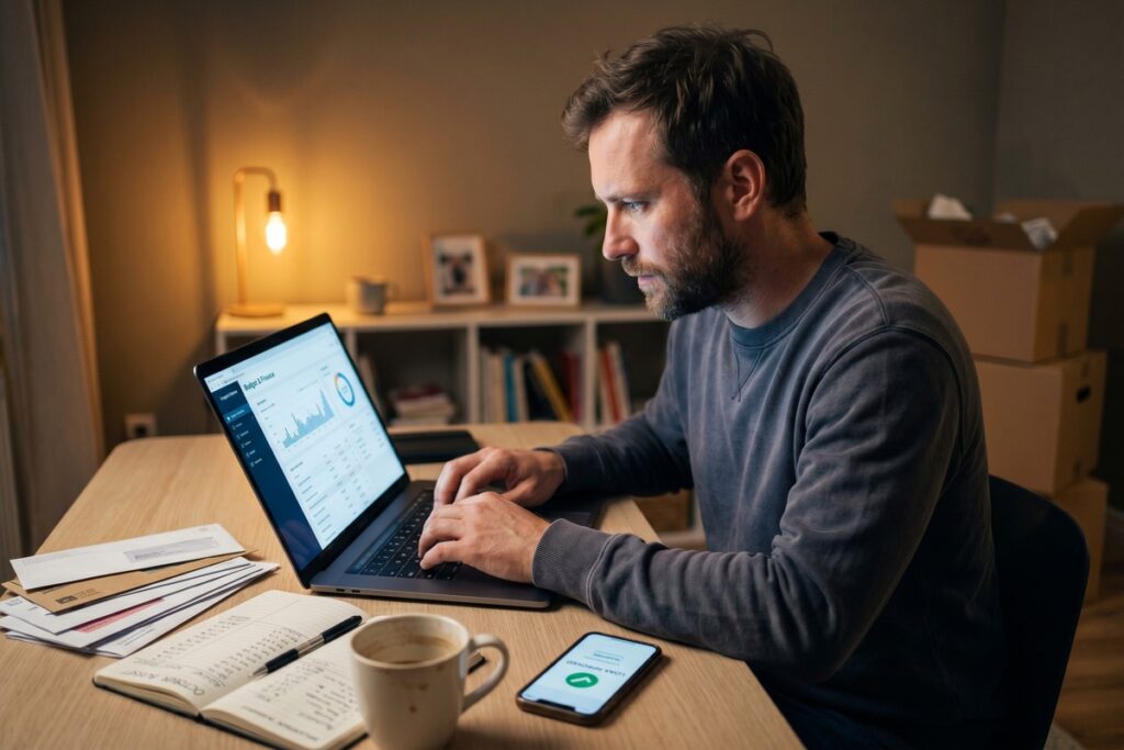 Laid-off tech worker reviewing digital loan options on laptop at home