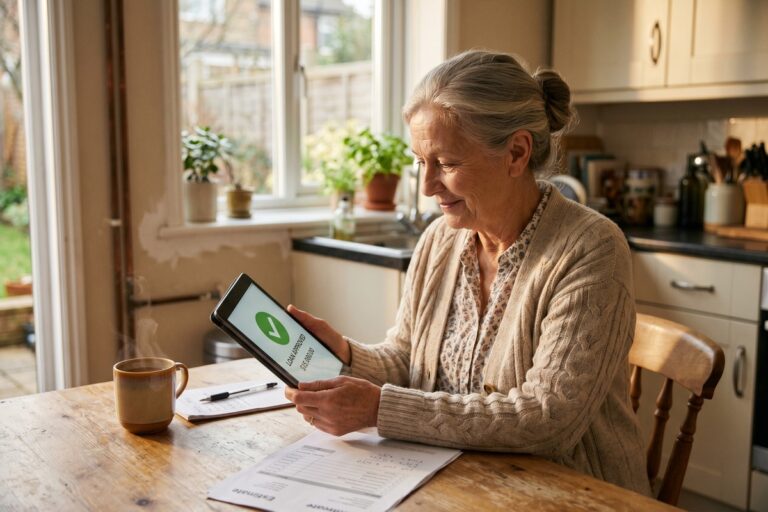 Retired teacher reviewing digital loan approval on laptop for home repair funding