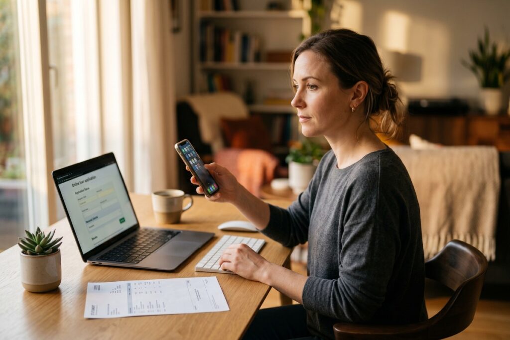 Borrower applying for a digital loan on a laptop without sharing bank login credentials