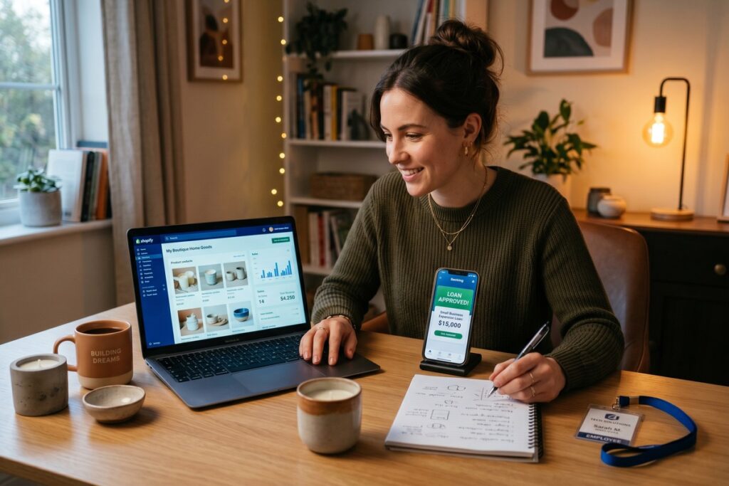 Person reviewing a digital loan application on a laptop to fund their side business while working a full-time job