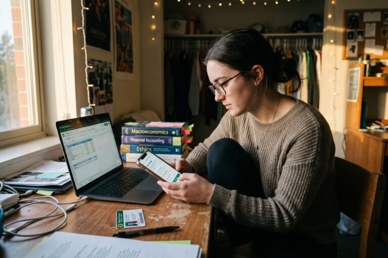 College student reviewing digital loan options on laptop before first job