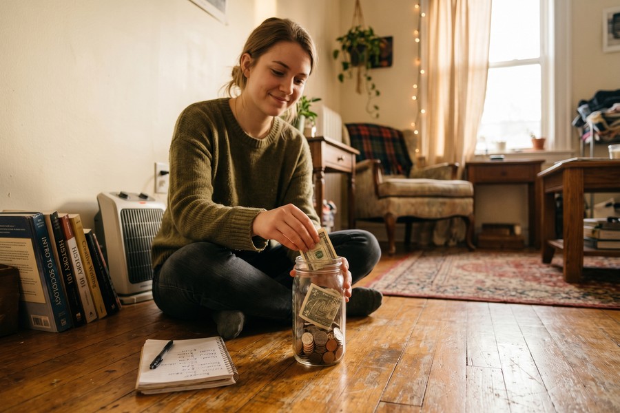College student reviewing loan repayment options on a laptop with financial documents spread out