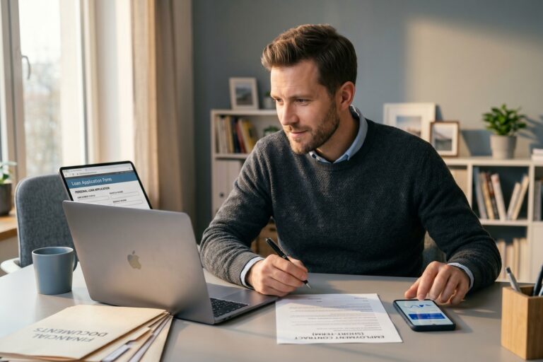 Contract-to-hire employee reviewing digital loan options on a laptop