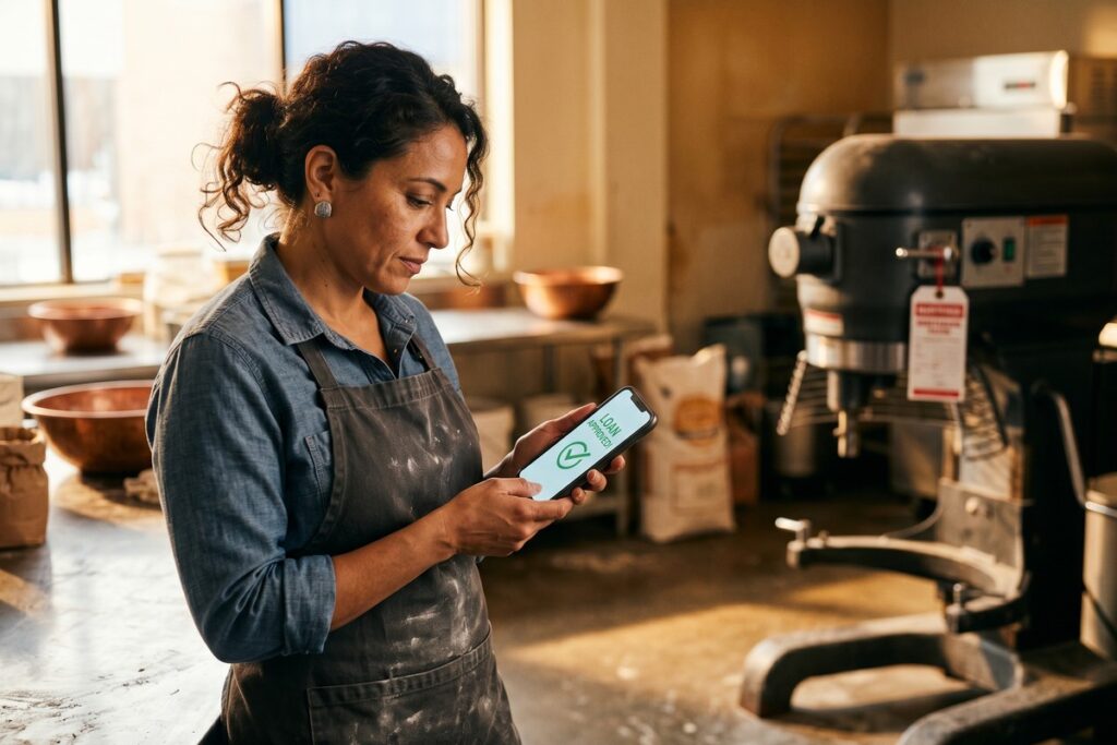 Small business owner applying for digital loans after equipment failure on a laptop