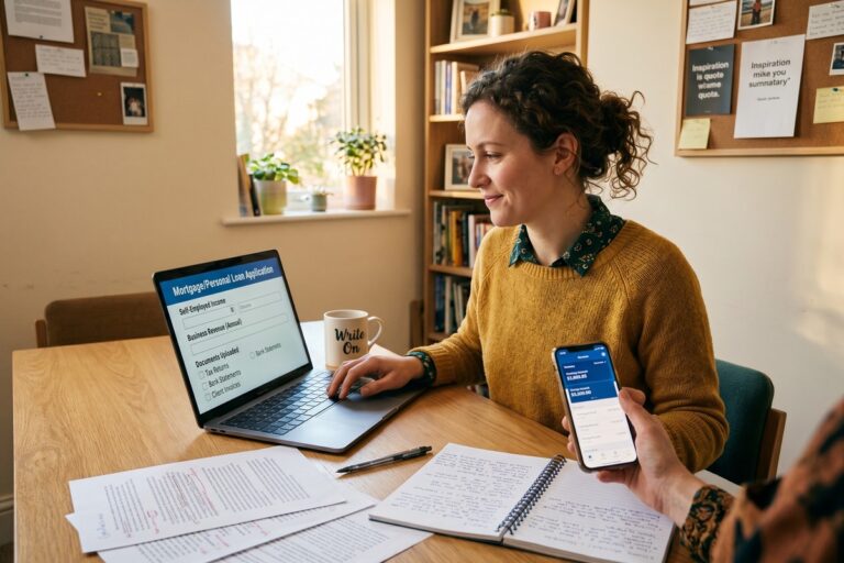Freelance writer reviewing digital loan options on a laptop at a home desk