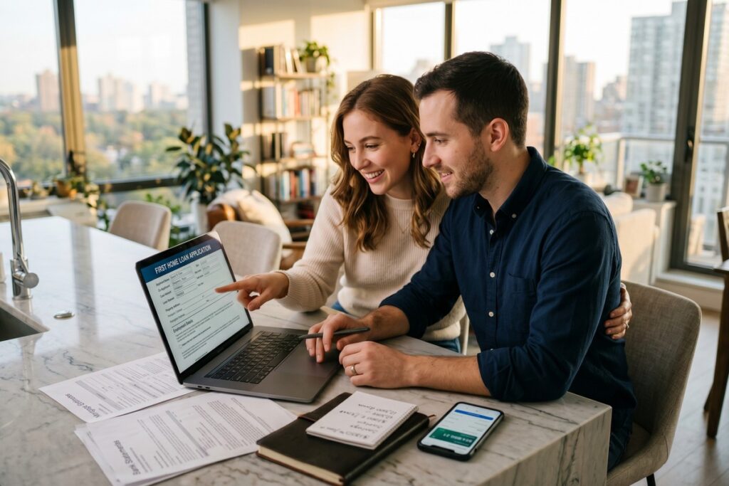 Newlywed couple reviewing digital loan options together on a laptop
