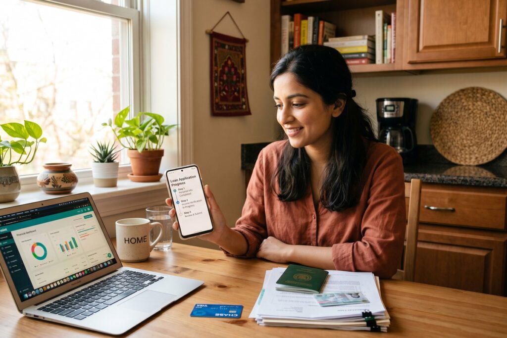 Recent immigrant reviewing digital loan options on a laptop with no U.S. credit history