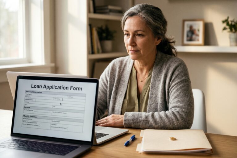 Newly widowed borrower reviewing digital loan options on a laptop while managing estate paperwork