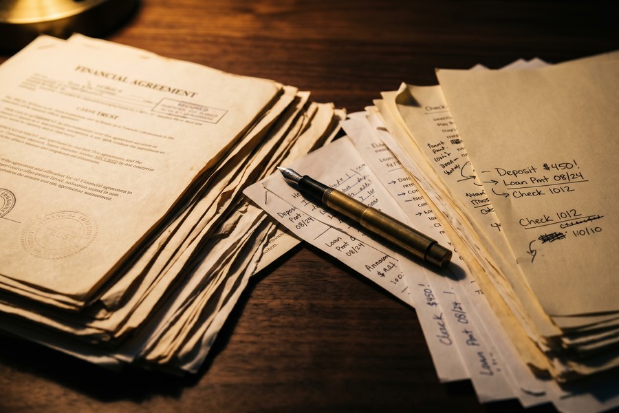 Organized financial documents including loan statements and estate paperwork on a desk