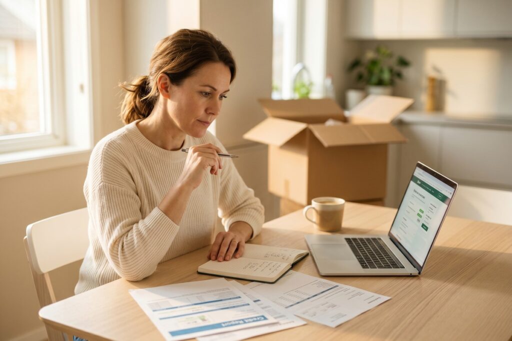 Newly divorced borrower reviewing credit report and loan rate options at a desk