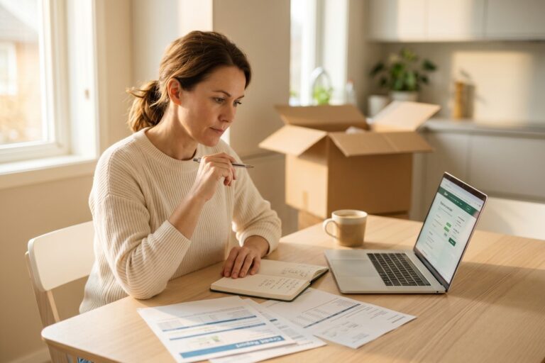 Newly divorced borrower reviewing credit report and loan rate options at a desk