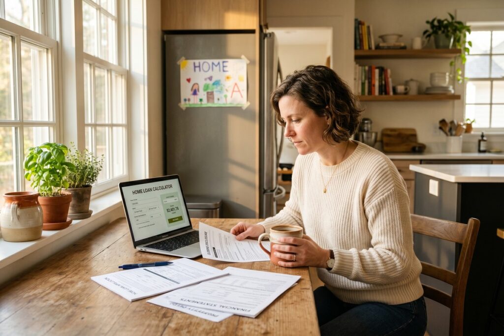 Couple signing divorce buyout mortgage refinance documents at a lender's office