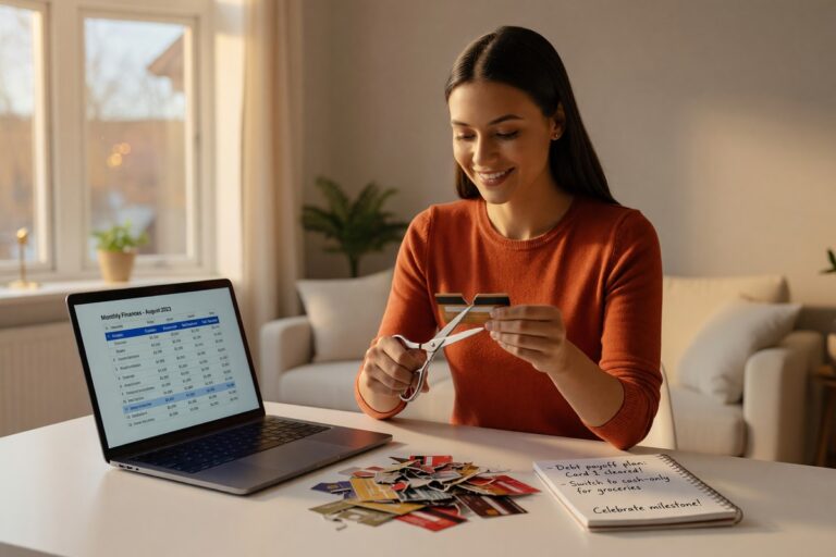 Renter reviewing budget plan to eliminate credit card debt at a desk with financial documents