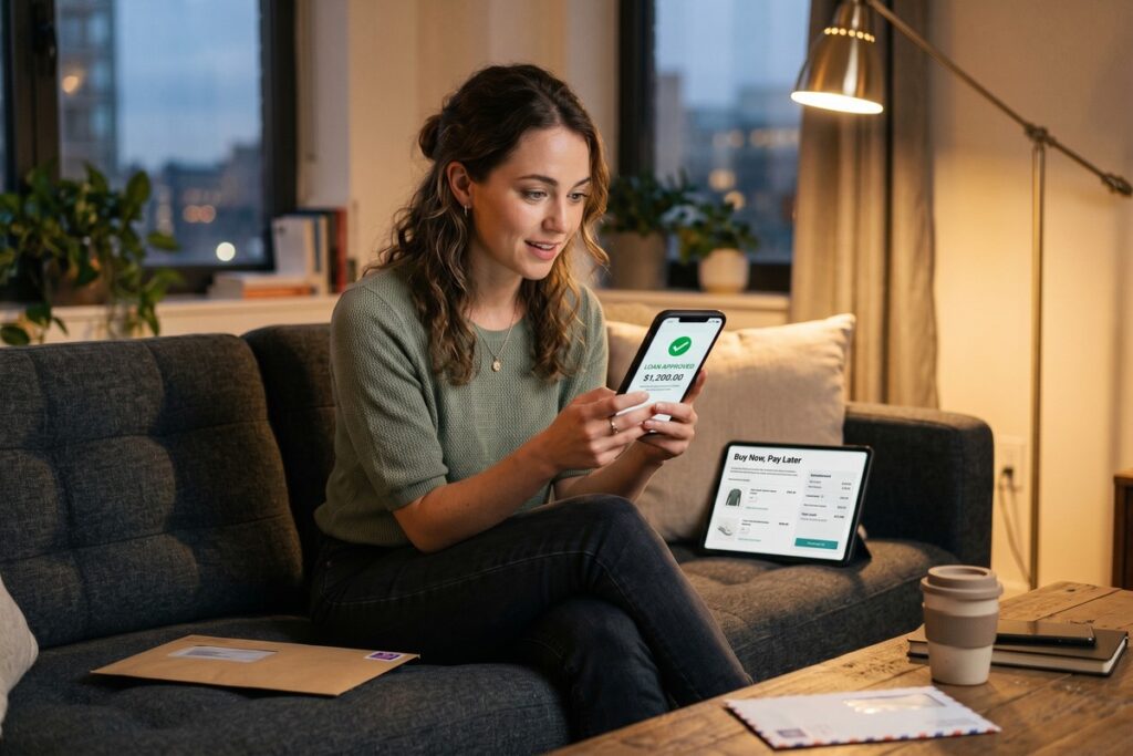 Smartphone screen displaying embedded finance lending options inside a popular consumer app