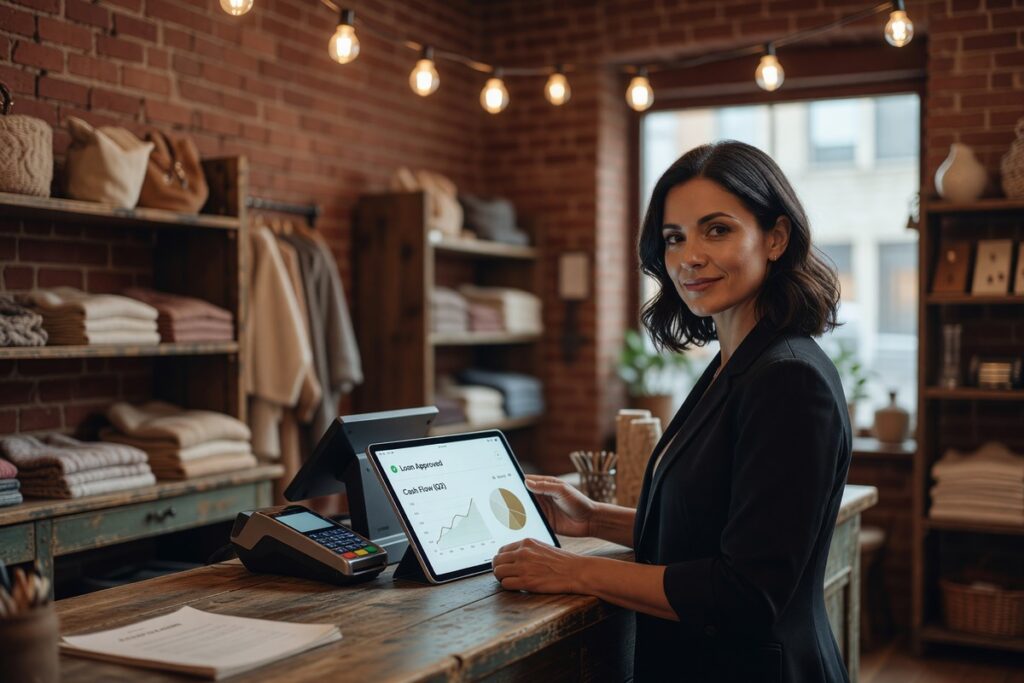 Small retailer accessing working capital through embedded finance platform on a tablet