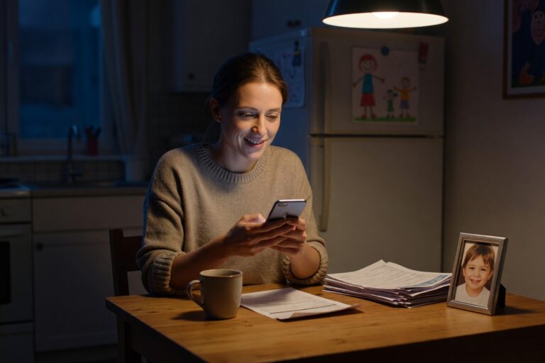 Single mom reviewing emergency digital loan approval on laptop during medical crisis