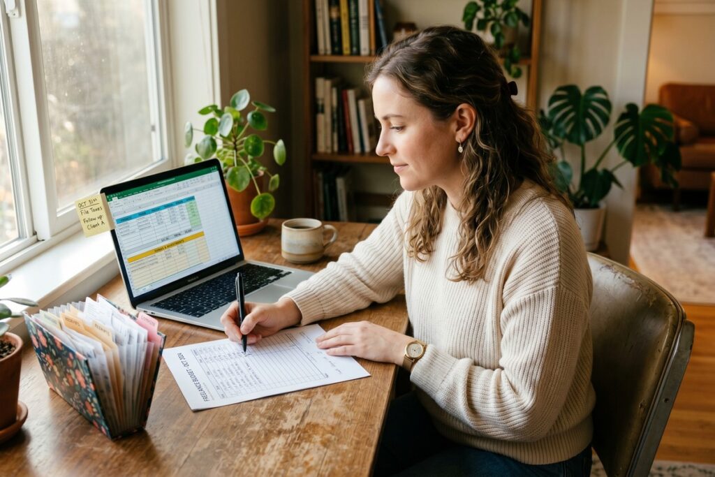 Freelancer reviewing emergency fund savings plan on laptop at home desk