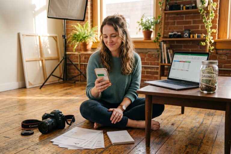 Gig worker reviewing finances and building an emergency fund on a laptop at home