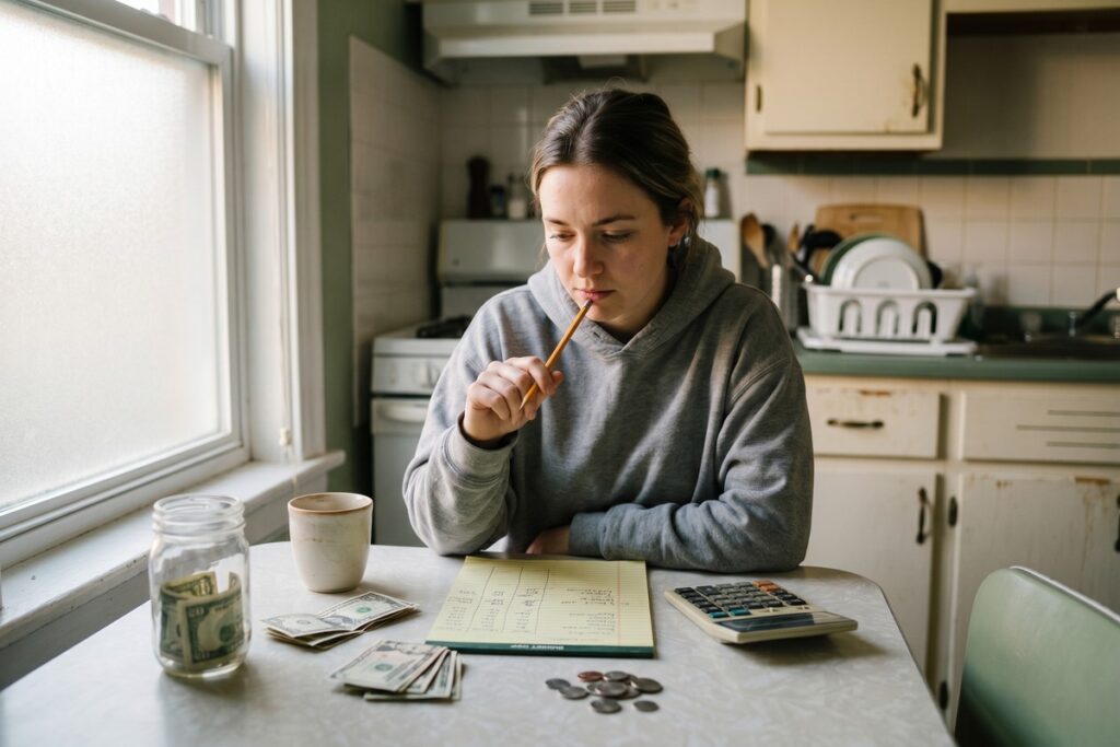 Person reviewing budget and savings plan to avoid emergency fund mistakes on a tight budget