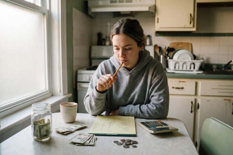 Person reviewing budget and savings plan to avoid emergency fund mistakes on a tight budget