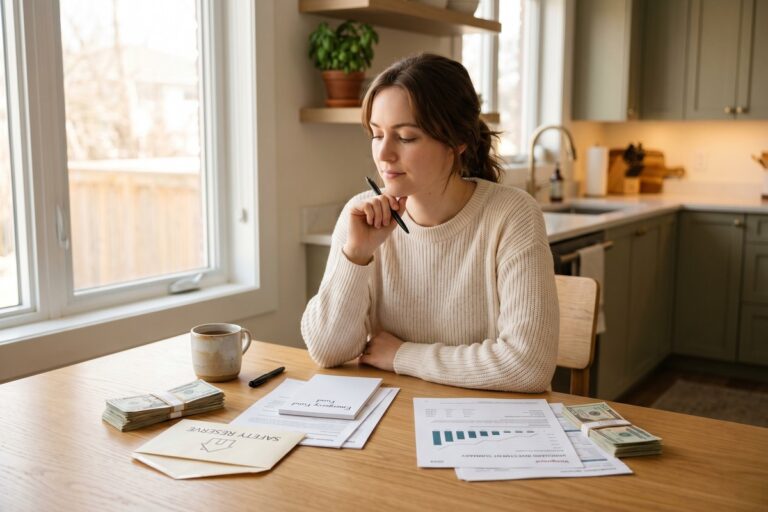 Person weighing emergency fund savings jar against investment growth chart on a desk