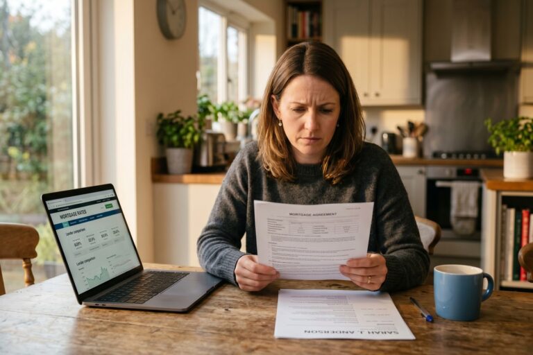 Concerned homebuyer reviewing mortgage rate documents with a visible employment gap on their resume
