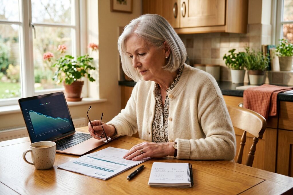 Retired couple reviewing fixed income investment strategies during falling interest rate environment