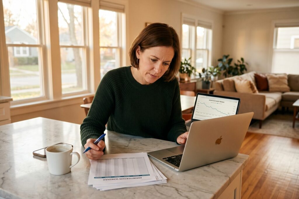 Homebuyer reviewing falling mortgage rates strategy with a lender at a desk