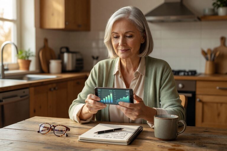Senior using a fintech app on a tablet to manage retirement loans on a fixed income