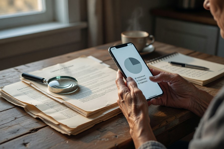 Senior using smartphone to check retirement loan balance on a fintech app dashboard