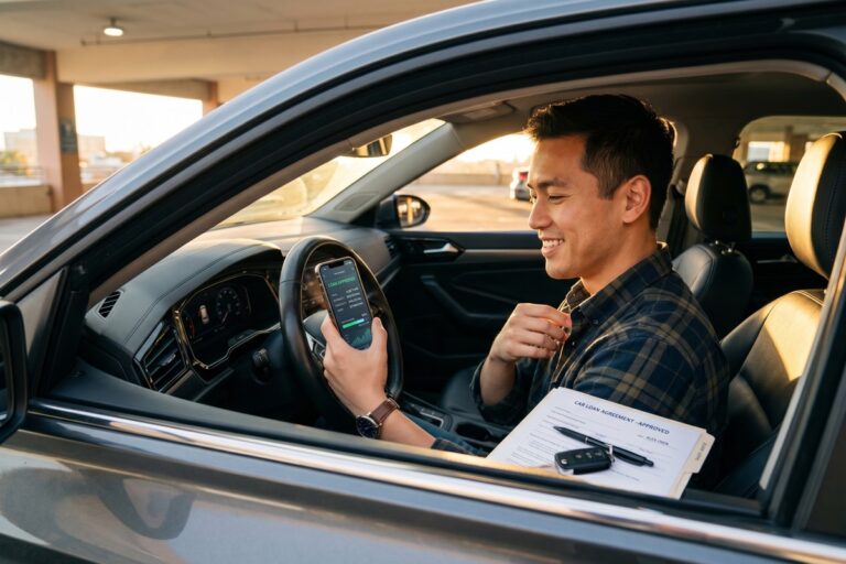 First-time borrower using a fintech app to refinance an auto loan on a smartphone