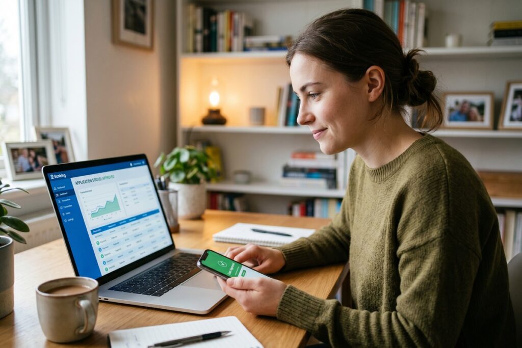Fintech lender analyzing bank transaction data on a digital dashboard for loan approval