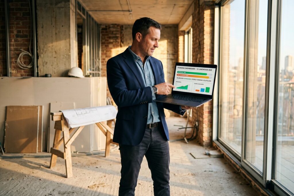 Real estate investor reviewing fintech bridge loan options on a laptop to close a property deal faster
