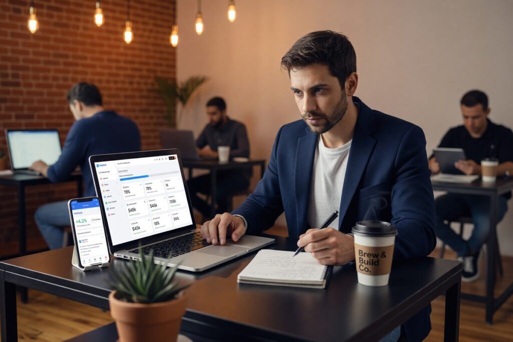 Beginner entrepreneur reviewing fintech business loan options on a laptop with no revenue history