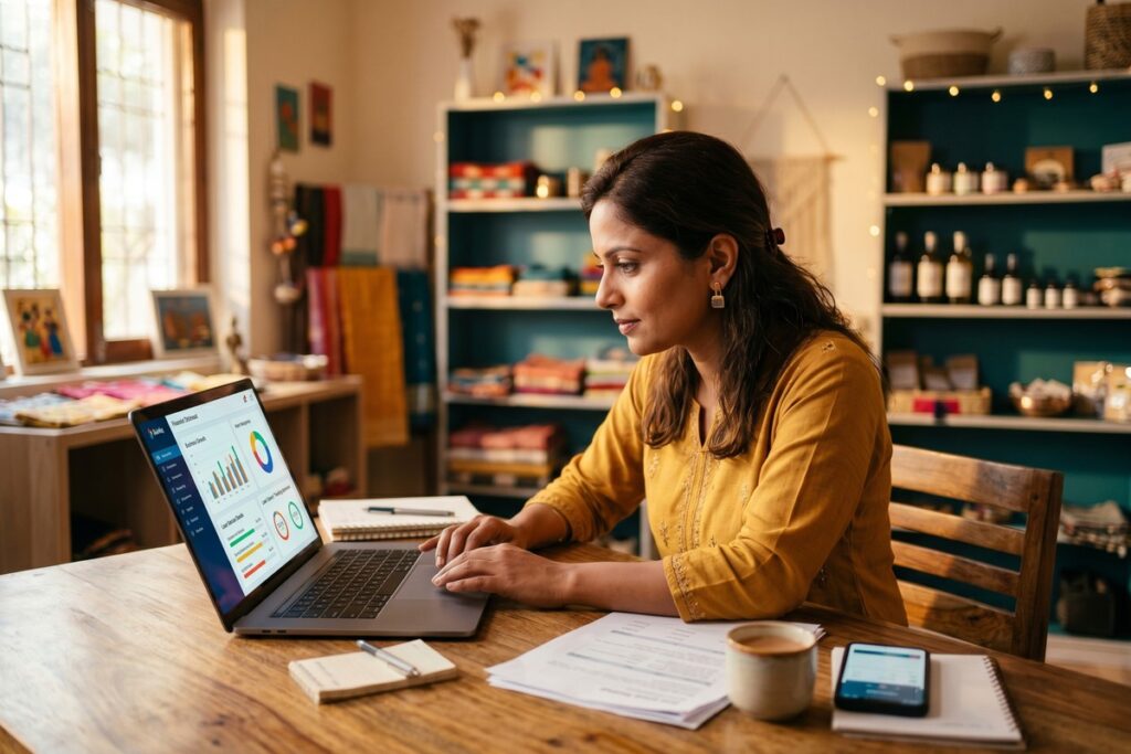 Immigrant entrepreneur reviewing fintech business loan options on a laptop in a U.S. small business office
