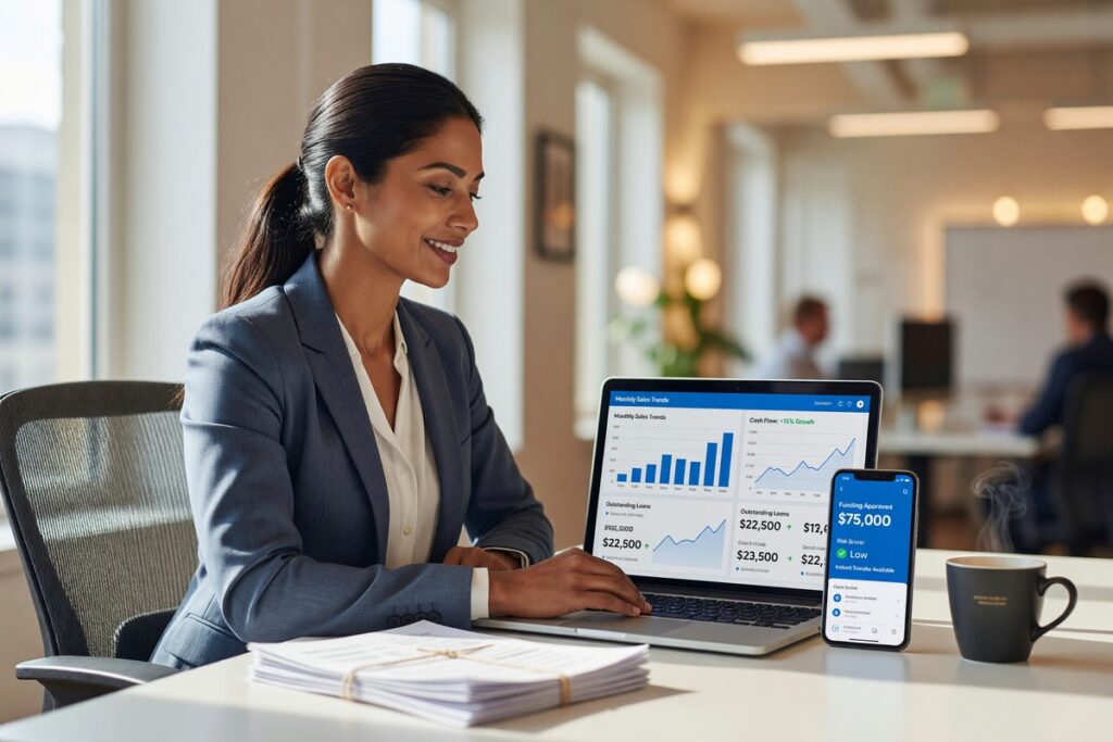Small business owner reviewing fintech cash flow strategies on a laptop dashboard
