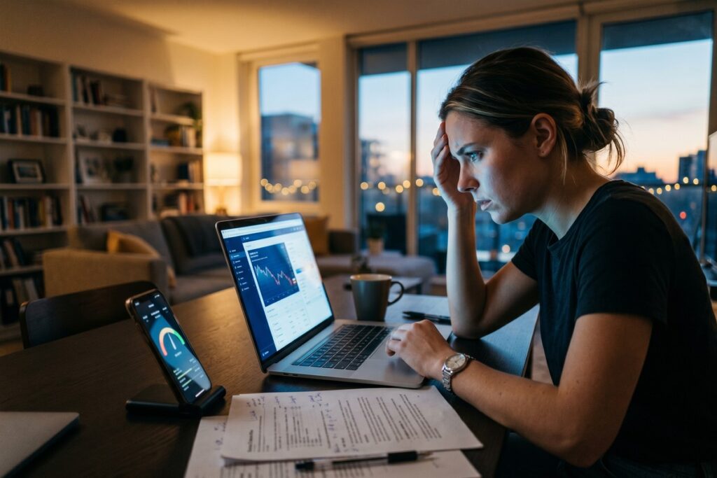 Borrower reviewing fintech loan options during the 2025 credit crunch on a laptop