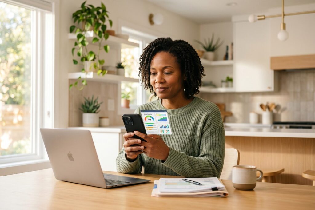 Divorced adult using a fintech app on smartphone to rebuild credit score after separation