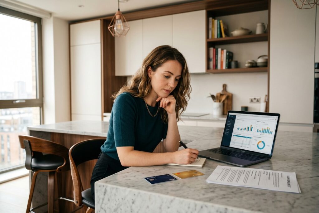 Person comparing fintech debt consolidation loan offers against balance transfer credit card options on a laptop