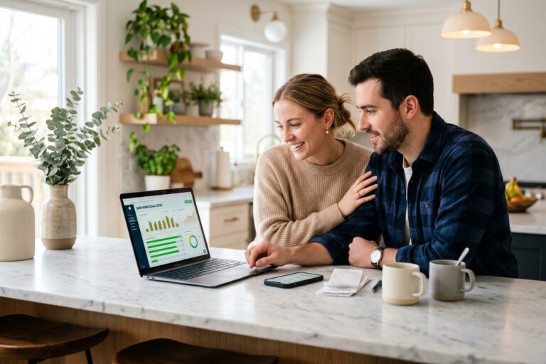 Newlywed couple using a fintech app on a tablet to manage combined finances and plan debt payoff together