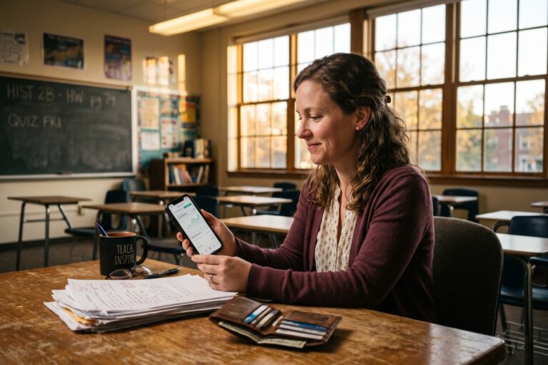 A teacher using a fintech app on a smartphone to apply for an emergency loan between paychecks