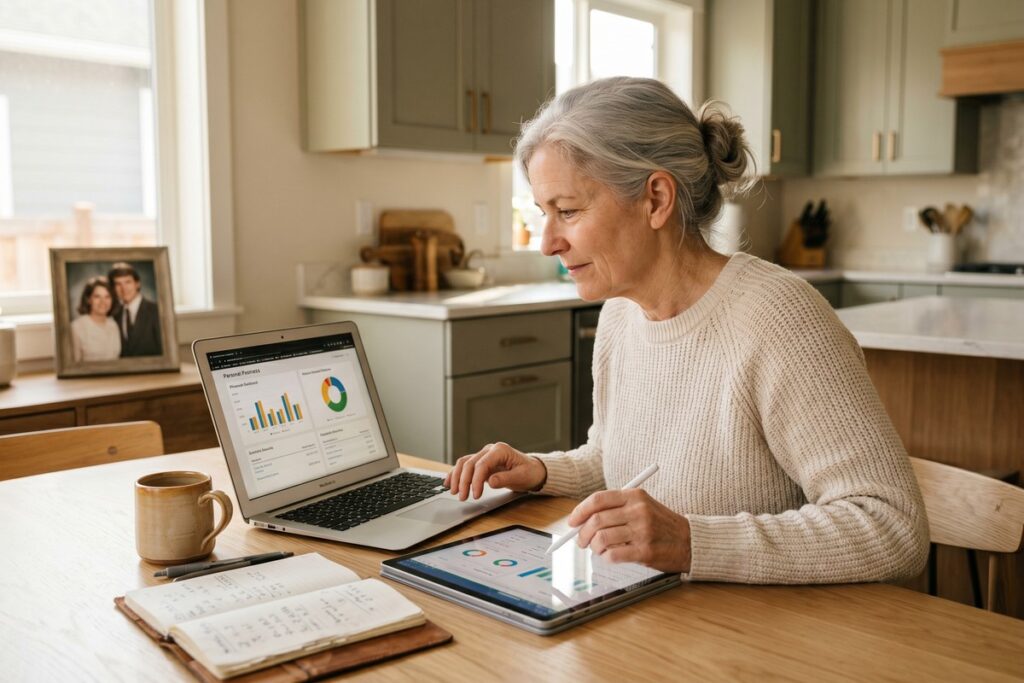 Recently widowed adult using a fintech platform on a laptop to rebuild financial independence