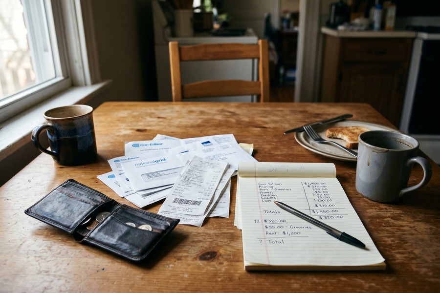 Split-screen view of budgeting app dashboard showing income, expenses, and savings goals