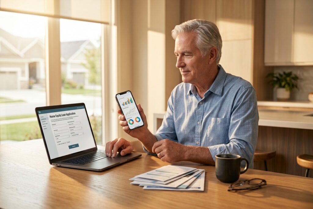 Retired couple reviewing fintech home equity loan options on a tablet at home