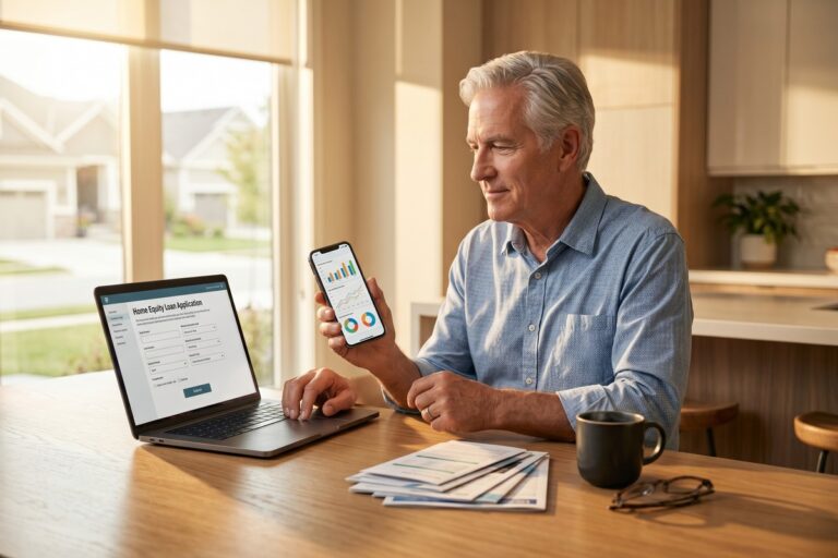 Retired couple reviewing fintech home equity loan options on a tablet at home