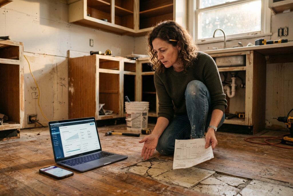 Homeowner comparing fintech installment loans and revolving credit lines on a laptop for home repair financing