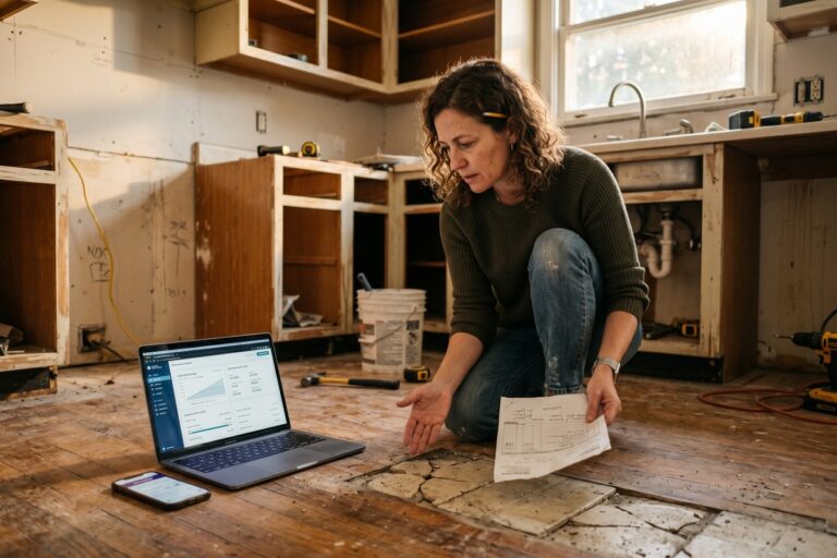 Homeowner comparing fintech installment loans and revolving credit lines on a laptop for home repair financing