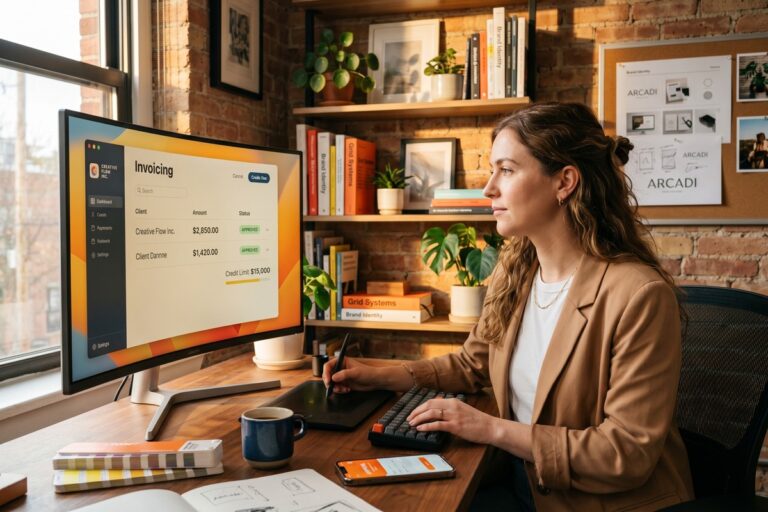 Freelance designer reviewing fintech invoicing credit dashboard on laptop