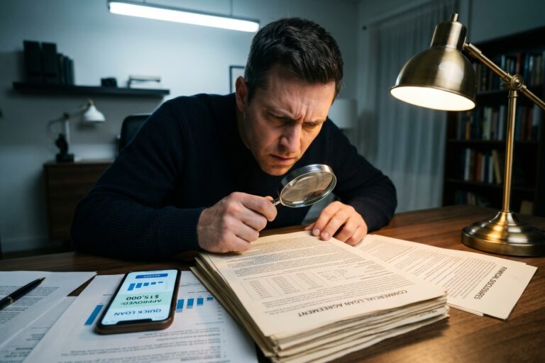 Borrower reviewing fintech loan agreement highlighting hidden fees beyond APR
